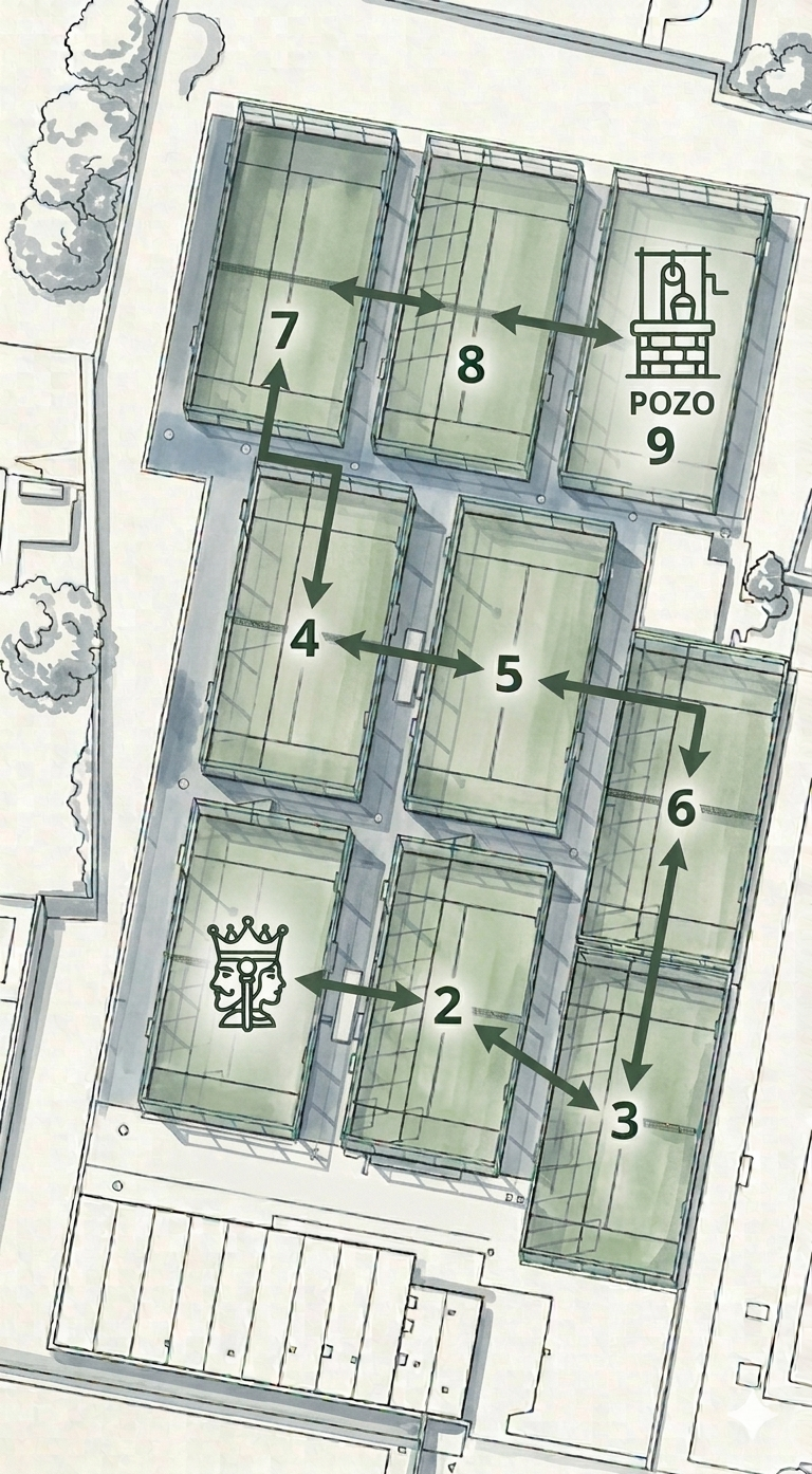 Diagram showing padel pozo court movement at Rio Arena Padel